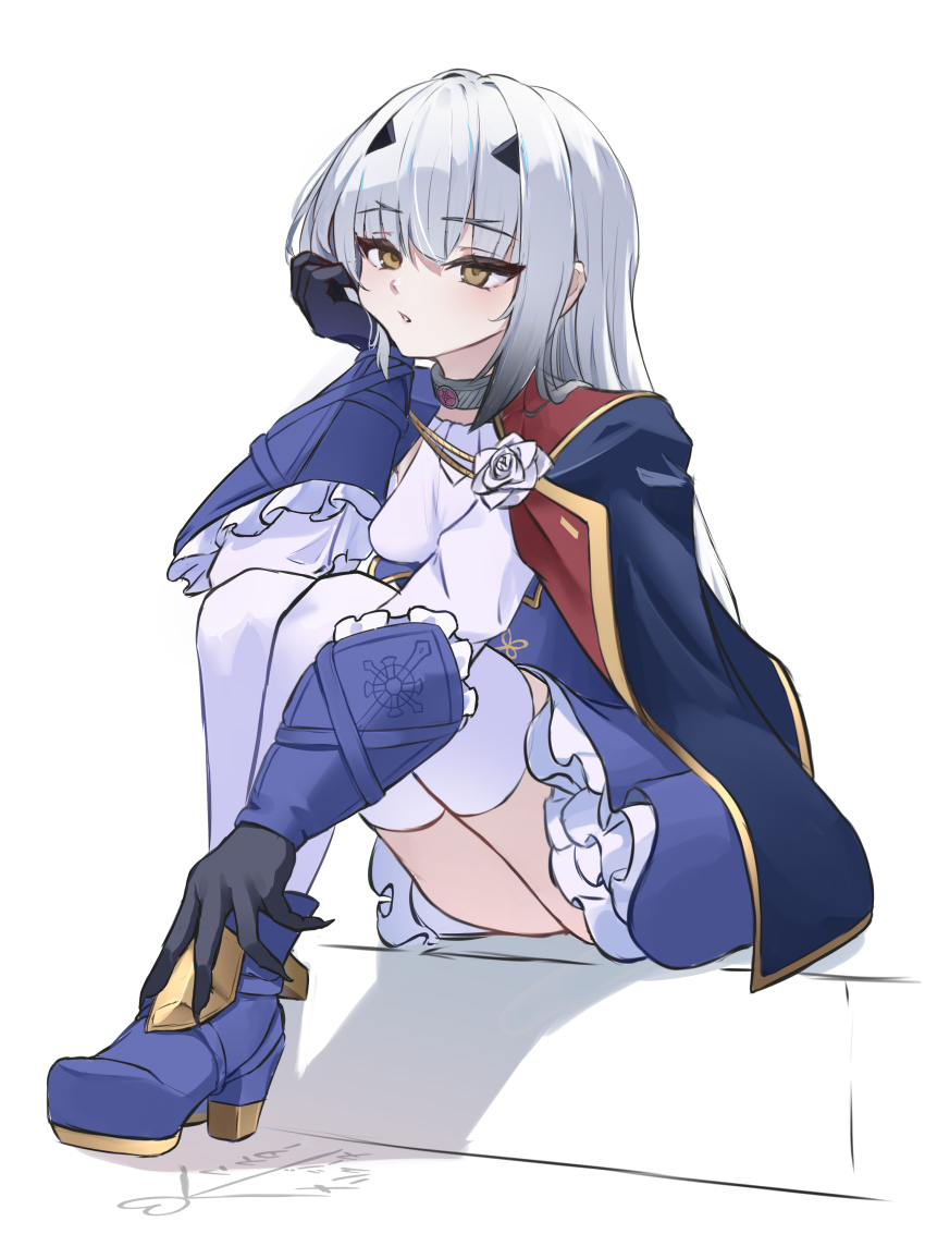 1girl, absurdres, aiguillette, black_gloves, blue_boots, blue_cape, blue_dress, boots, breasts, cape, commentary_request, dress, fate/grand_order, fate_(series), forked_eyebrows, gloves, high_heel_boots, high_heels, highres, long_hair, long_sleeves, looking_at_viewer, melusine_(fate), melusine_(second_ascension)_(fate), sidelocks, sitting, small_breasts, solo, thighhighs, white_hair, white_sleeves, white_thighhighs, yellow_eyes, yugusan5