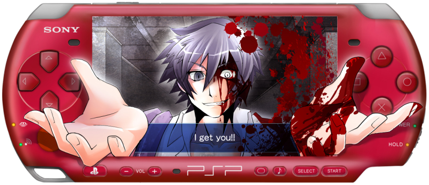 1boy, black_hair, blood, blood_on_face, blood_splatter, brown_eyes, corpse_party, crazy, crazy_eyes, crazy_smile, dialogue_box, english_text, engrish_text, fourth_wall, grey_eyes, grin, handheld_game_console, heterochromia, jacket, jacket_over_shoulder, kizami_yuuya, male_focus, playstation_portable, ranguage, rokuhara, school_uniform, slit_pupils, smile, solo, spoilers, unworn_jacket, white_eyes