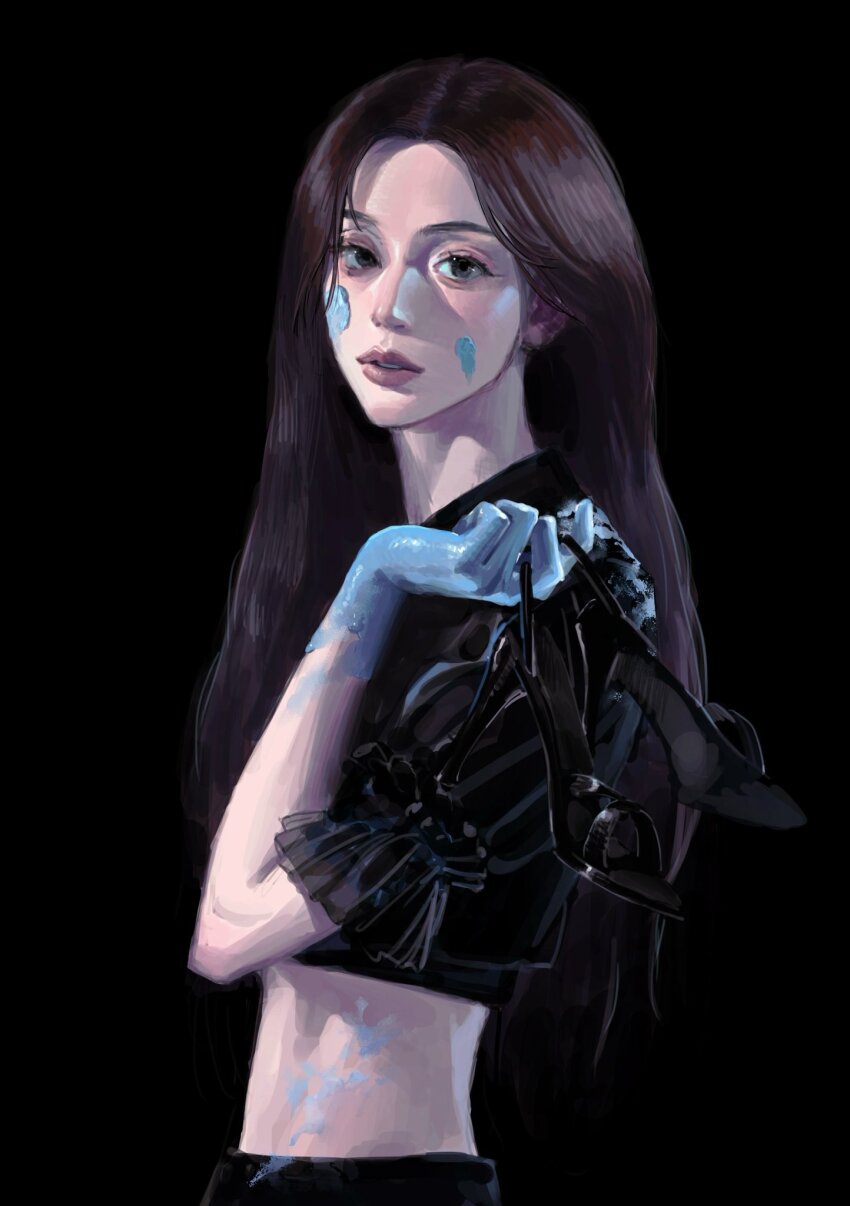 1girl, black_background, black_shirt, brown_eyes, brown_hair, commentary, expressionless, from_side