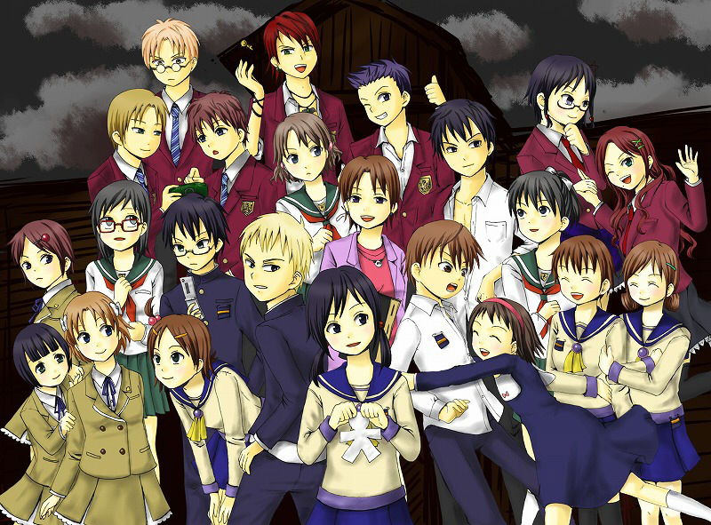 6+boys, 6+girls, amatoya_nari, black_eyes, black_hair, blonde_hair, blue_eyes, bracelet