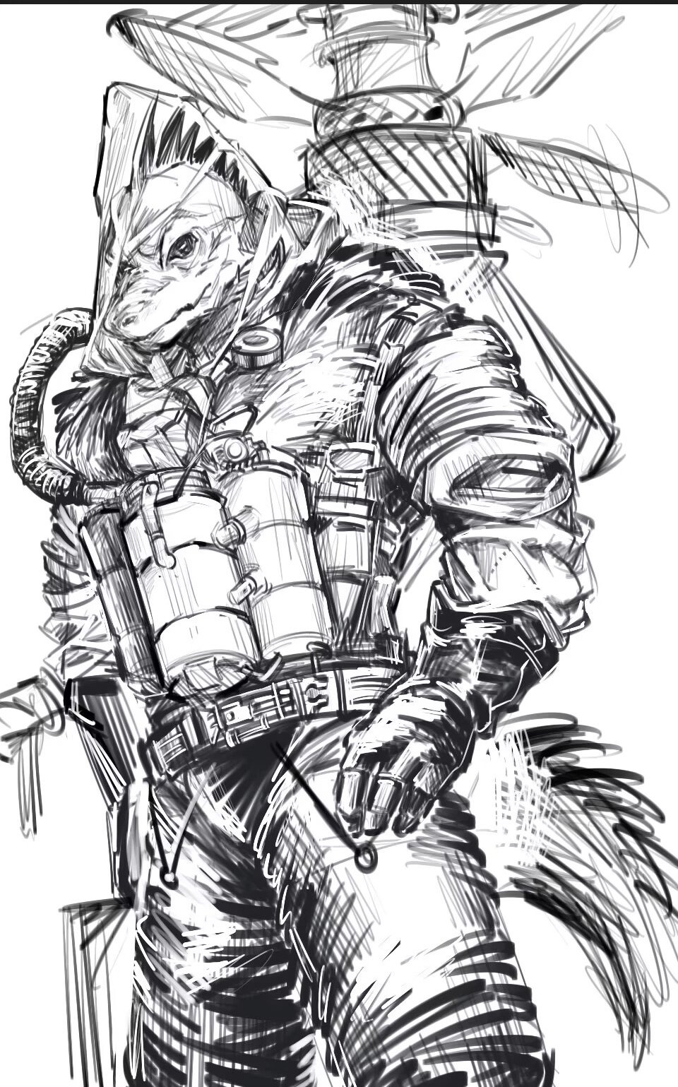 1boy, arknights, chinese_commentary, closed_mouth, commentary_request, furry, furry_male, hand_on_own_hip