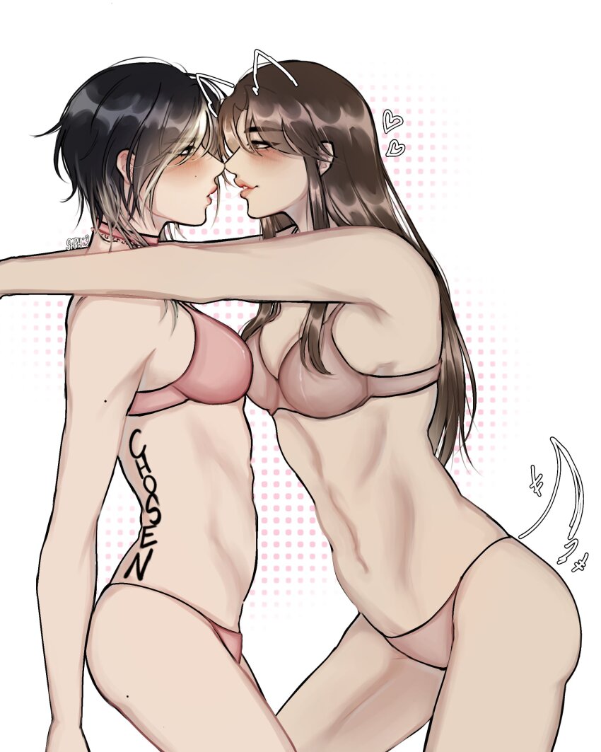2girls, absurdres, arms_around_neck, black_hair, blush, body_writing, bra, brown_eyes, brown_hair, choker, commentary, drawn_ears, drawn_tail, enhypen, eye_contact, genderswap, genderswap_(mtf), heart, highres, jake_(enhypen), k-pop, long_hair, looking_at_another, multicolored_hair, multiple_girls, ni-ki_(enhypen), panties, parted_lips, pink_bra, pink_choker, pink_panties, short_hair, smile, streaked_hair, toned, toned_female, umbreohoon, underwear, underwear_only, untranslatable_commentary, white_background, white_streaks, yuri