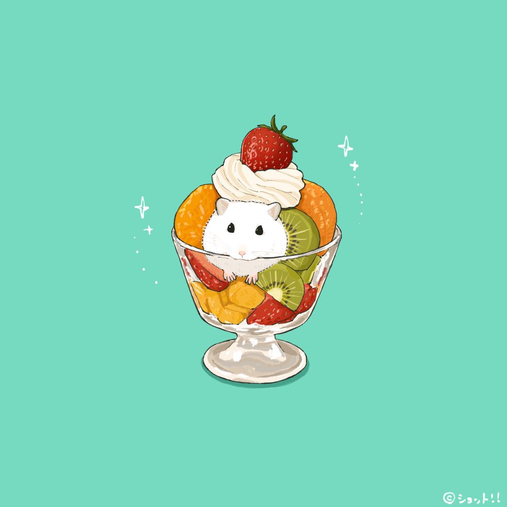 animal, commentary, cream, cup, drinking_glass, food, fruit, green_background