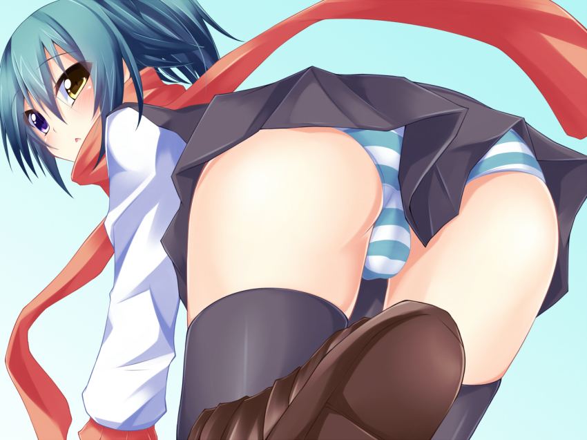 1girl, ass, bent_over, black_thighhighs, blue_hair, blush, boots, female_focus