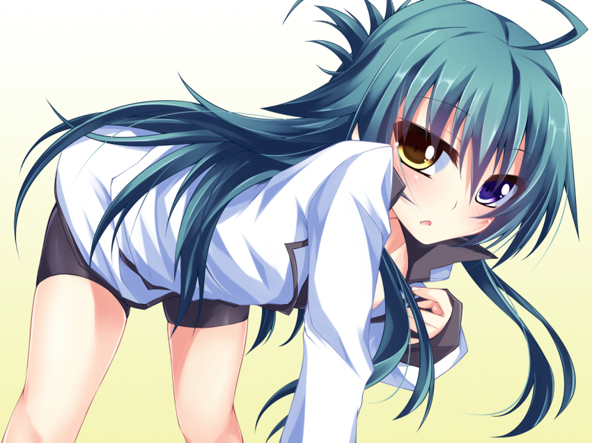 1girl, ahoge, bent_over, bike_shorts, fang, female_focus, green_hair, heterochromia