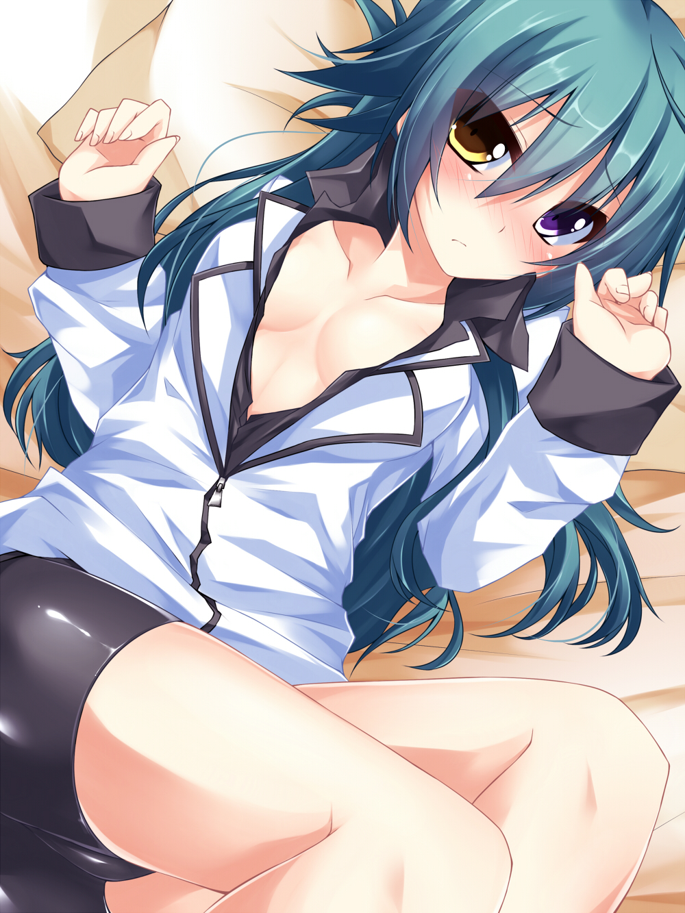 1girl, ahoge, bike_shorts, blush, breasts, female_focus, frown, green_hair