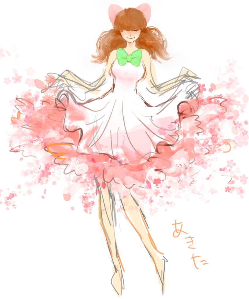 absurdres, bow, charlotte_harumeg, clothes_lift, commentary_request, dress, green_bow, hair_over_eyes, highres, mutou_610, one_piece, petals, pink_bow, short_twintails, skirt, skirt_lift, smile, twintails, white_background