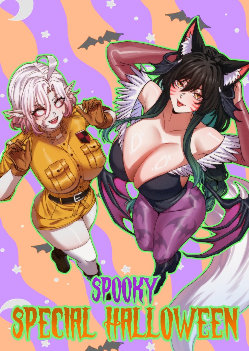 ahoge, ahri_(league_of_legends), alternate_breast_size_(larger), animal_ears, animal_print, bat_print, belt, black_belt