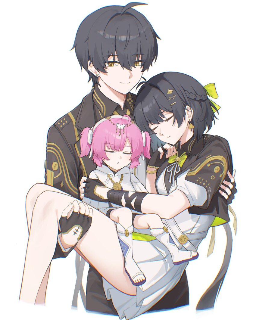 1boy, 2girls, adoptive_parent_and_adoptive_child, aemeath_(wuthering_waves), aemeath_(young)_(wuthering_waves), black_gloves, black_hair, black_jacket