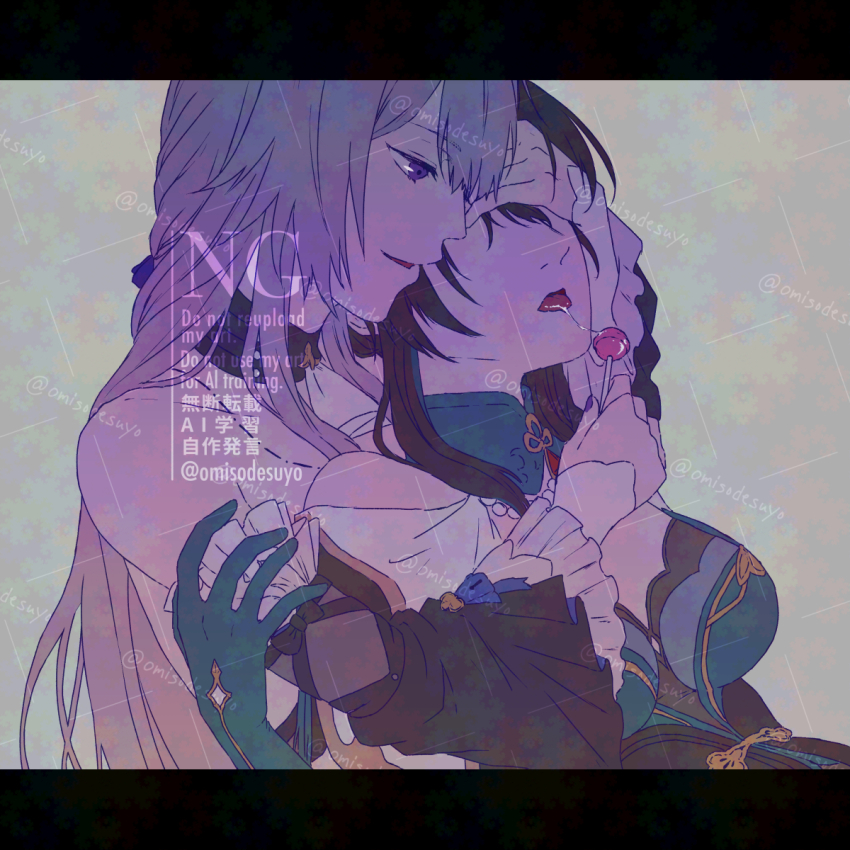 2girls, adversarial_noise, blue_dress, blue_gloves, breasts, brown_hair, candy, cleavage