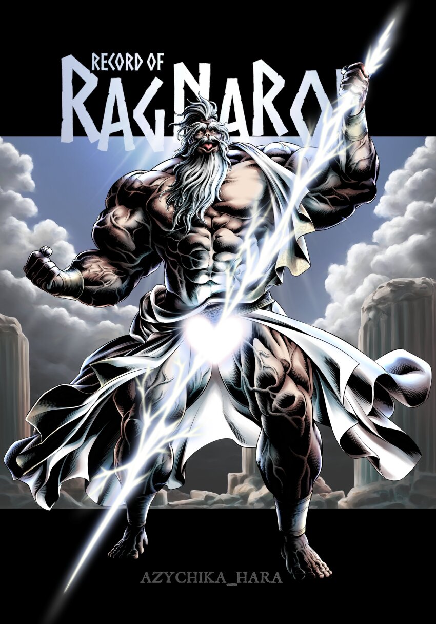 1boy, abs, absurdres, ancient_greek_clothes, azychika, bare_shoulders, beard, cloud