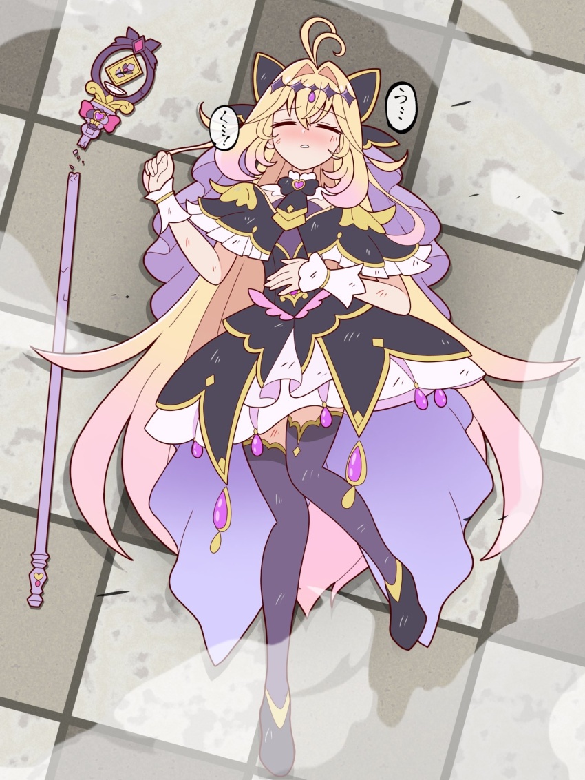 1girl, antenna_hair, black_bow, black_bowtie, black_capelet, black_dress, black_shoes, black_thighhighs