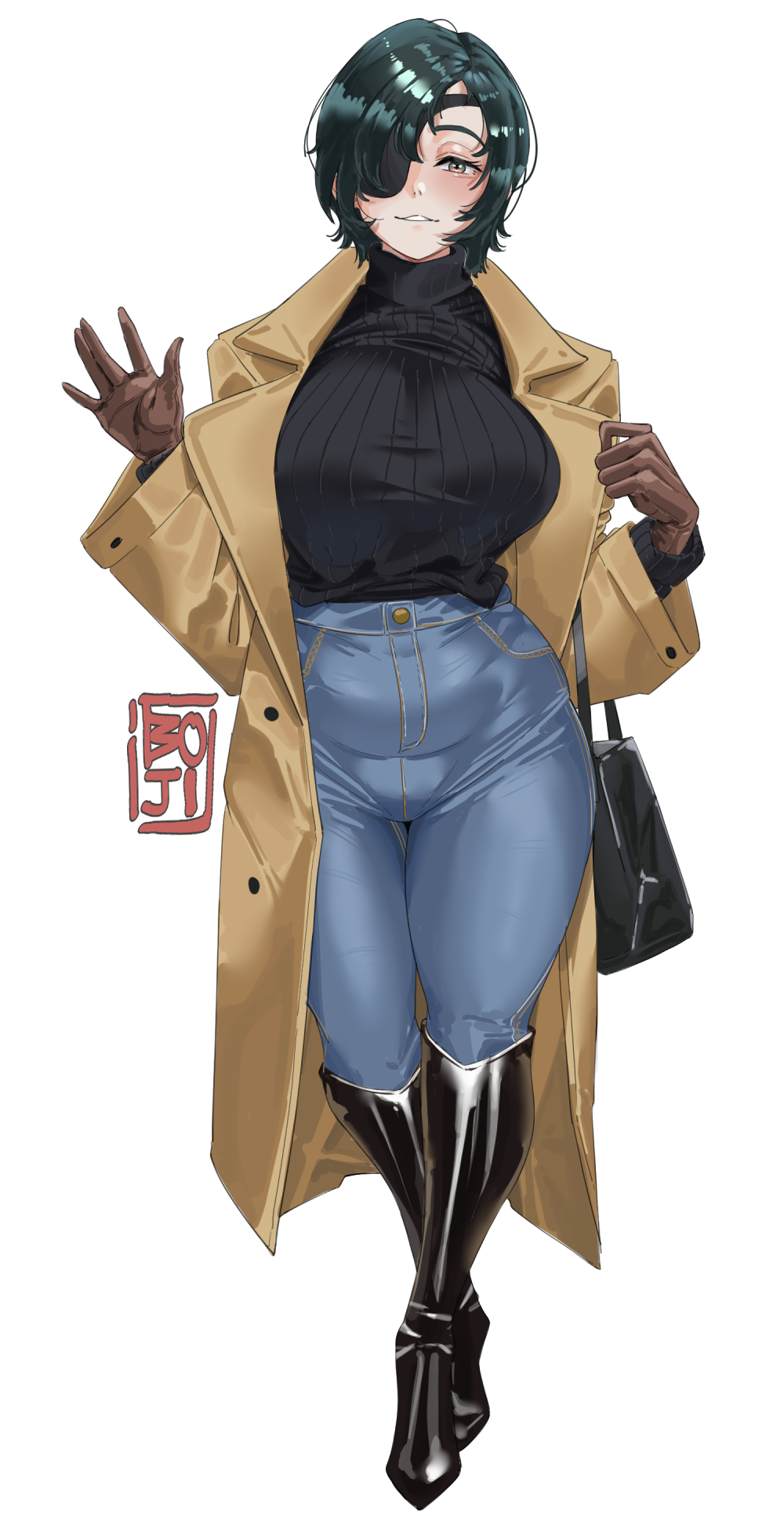 1girl, bag, belly, black_shoes, black_sweater, blue_pants, boji_norn, breasts