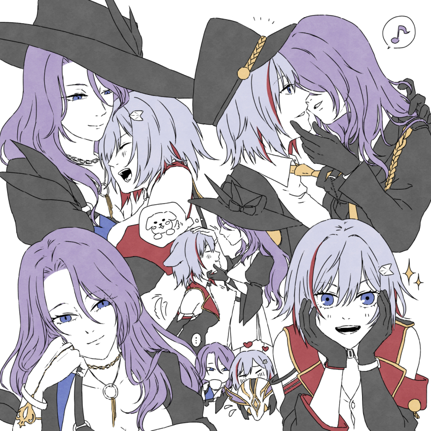 2girls, animal_ears, black_gloves, black_hat, black_jacket, collared_shirt, commentary_request, dog_ears