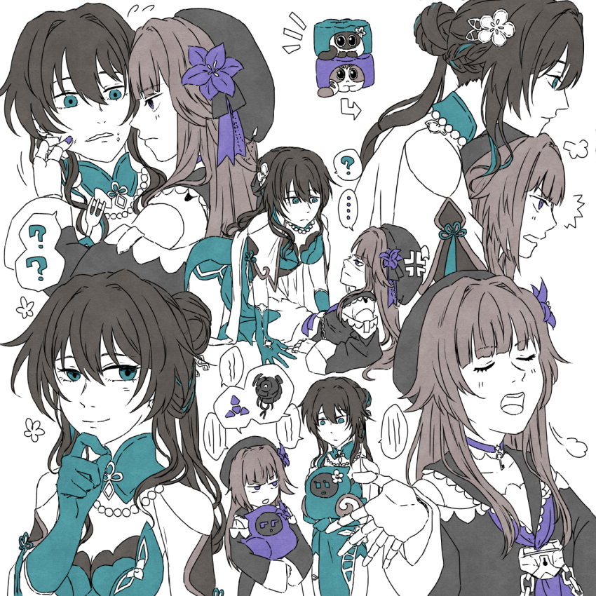 2girls, blue_dress, blue_eyes, blue_gloves, blue_streaks, brown_hair, closed_eyes, closed_mouth