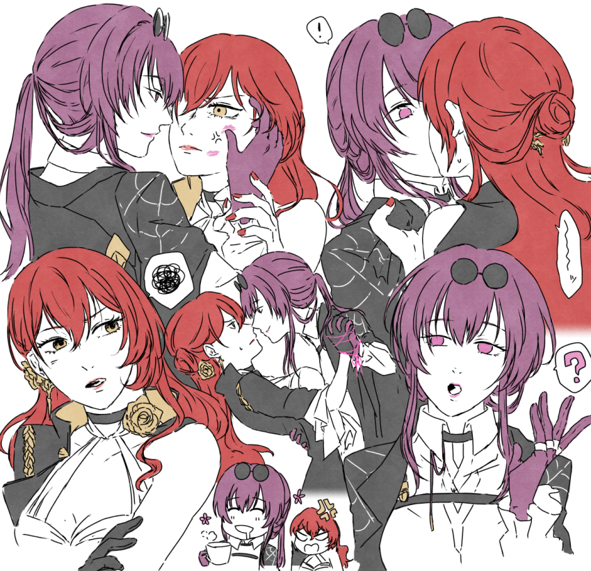 !, 2girls, anger_vein, black_gloves, black_jacket, collared_shirt, commentary_request, cup