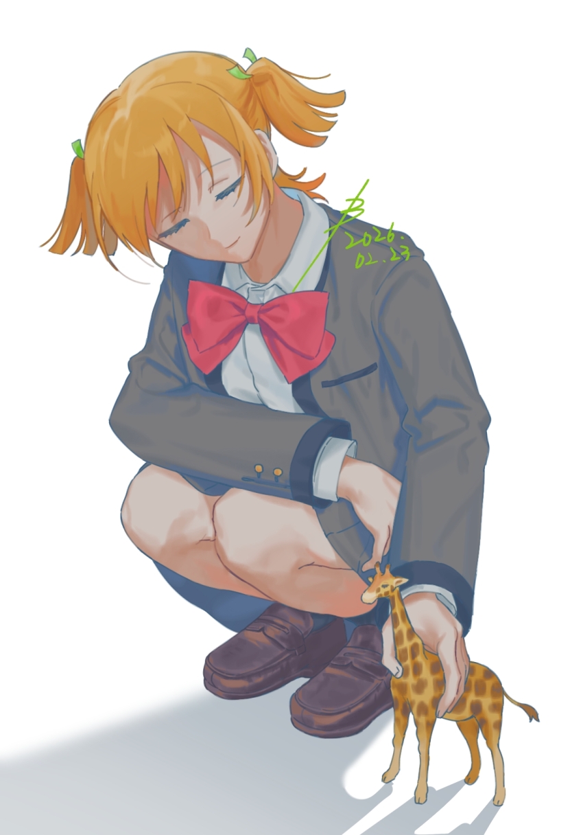 1girl, blonde_hair, bow, bowtie, breast_pocket, brown_shoes, character_figure, closed_eyes