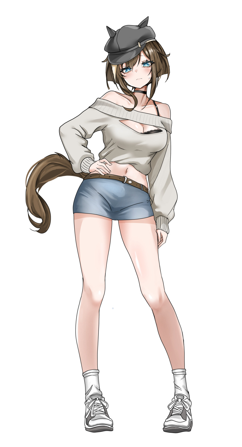 1girl, absurdres, animal_ears, black_choker, black_hat, blush, breasts, brown_tail