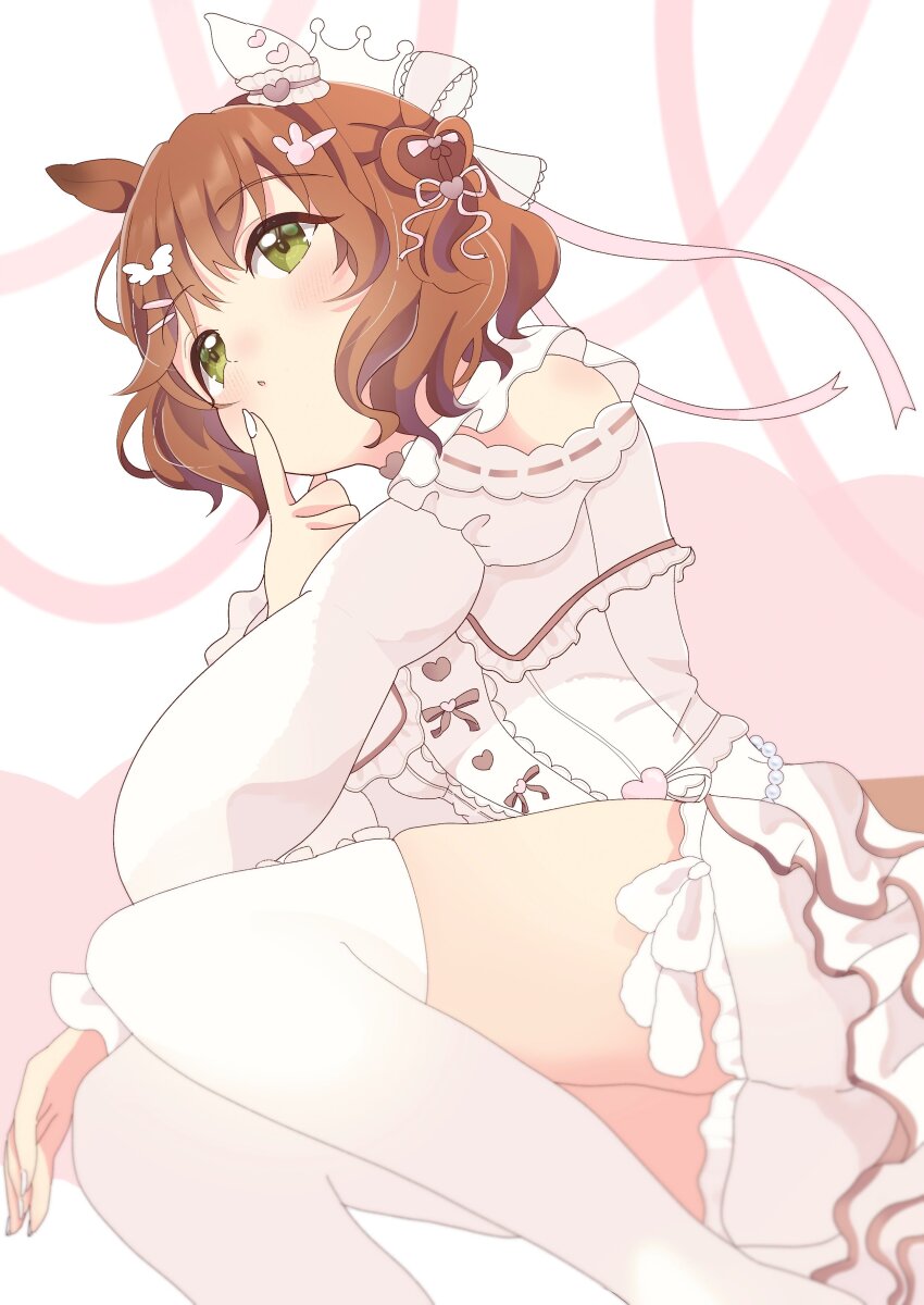 1girl, absurdres, animal_ears, aston_machan_(everlasting_candy)_(umamusume), aston_machan_(umamusume), bare_shoulders, blush, brown_hair