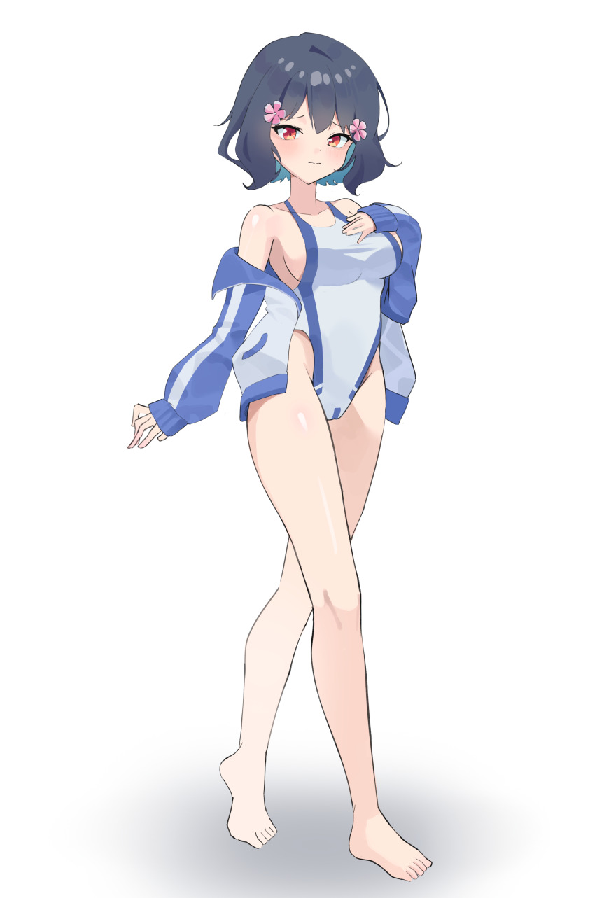 absurdres, breasts, call_up_girls, commentary_request, commission, competition_swimsuit, feet, highres, large_breasts, one-piece_swimsuit, school_uniform, swimsuit, ye_xi