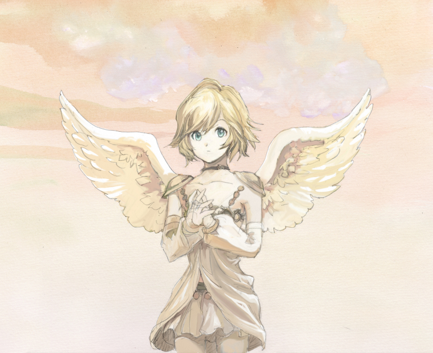 1boy, absurdres, actraiser, androgynous, angel, angel_(actraiser_renaissance), angel_wings, blonde_hair, commentary_request, fujiwara_kamui, highres, looking_at_viewer, male_focus, skirt, solo, trap, wings