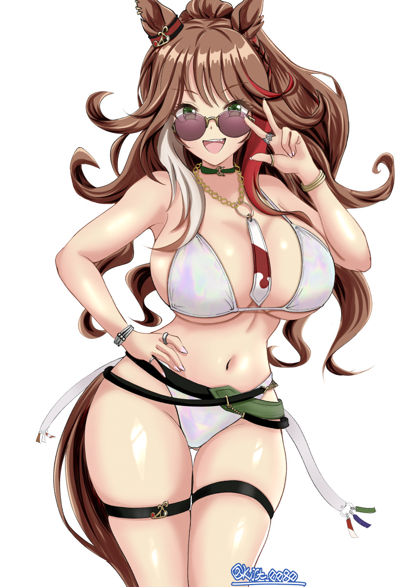 1girl, absurdres, animal_ears, between_breasts, bikini, breasts, brown_hair, chain