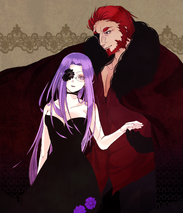1boy, 1girl, bad_id, bad_pixiv_id, bare_shoulders, beard, breasts, cape, dress, facial_hair, fate/stay_night, fate/zero, fate_(series), flower, glasses, iskandar_(fate), long_hair, medusa_(fate), medusa_(rider)_(fate), purple_hair, sleeveless, sleeveless_dress, strapless, strapless_dress, toko-ro_ten