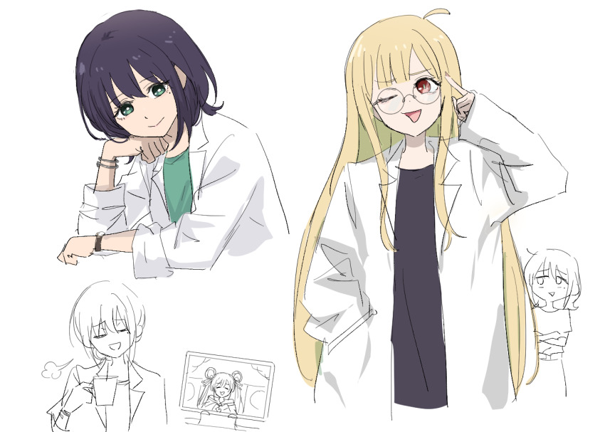 3girls, ;d, ahoge, black_hair, black_shirt, blonde_hair, bracelet, cho_kaguya-hime!