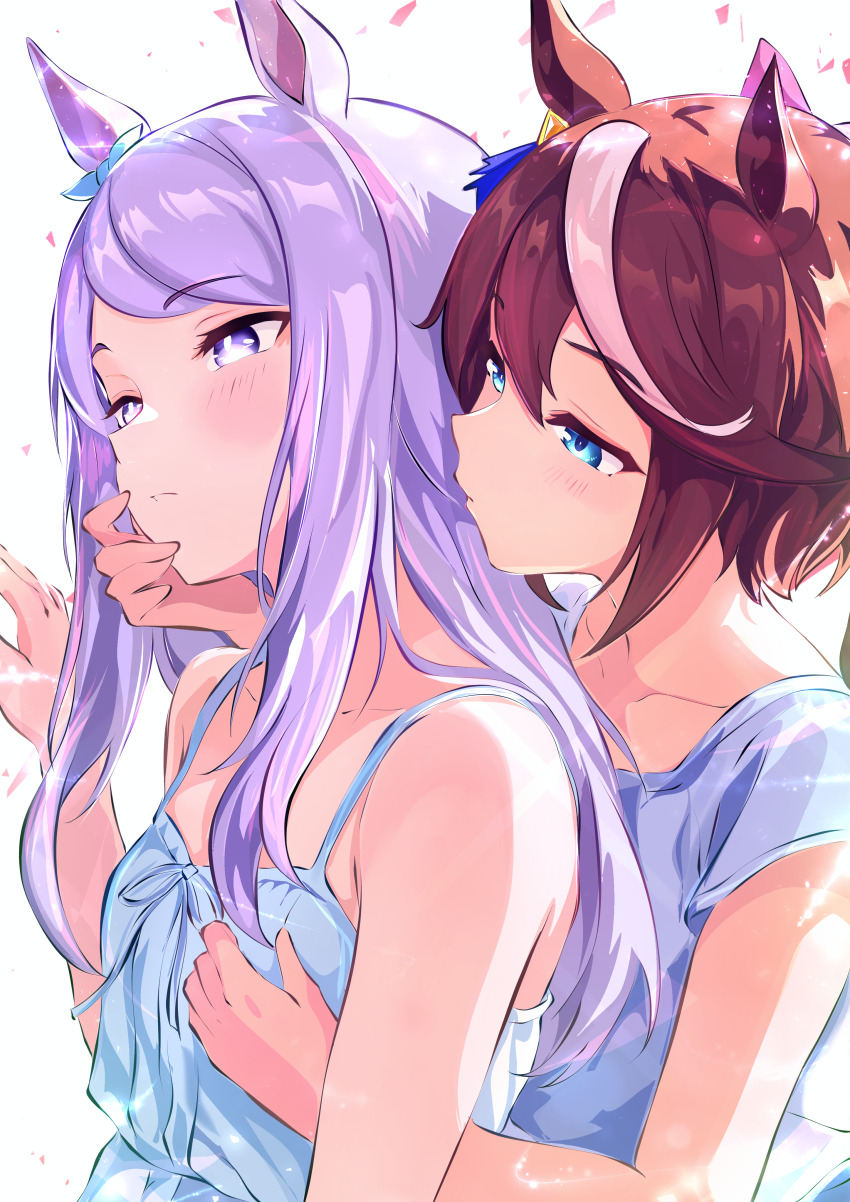 2girls, absurdres, animal_ears, blue_dress, blue_eyes, blue_shirt, breasts, brown_hair