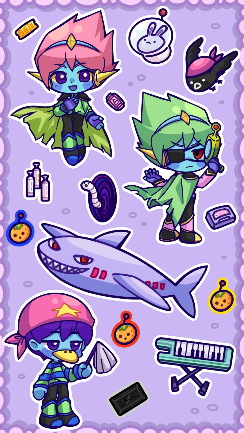 3boys, alternate_eye_color, bandana, black_pants, blue_skin, blush, boots, cape, captain_spaceboy, chibi, chibi_only, closed_mouth, colored_sclera, colored_skin, commentary, crow_(omori), double-parted_bangs, dual_persona, eyepatch, fingerless_gloves, gloves, green_cape, green_hair, gun, highres, holding, holding_gun, holding_weapon, linglanjunying, looking_at_viewer, mixtape_(omori), multiple_boys, omori, open_mouth, pants, pink_hair, purple_eyes, red_bandana, red_eyes, shark_plane_(omori), short_hair, smile, space_bunny_(omori), space_pirate_(omori), u.f.o._(omori), untranslatable_commentary, weapon, yellow_sclera