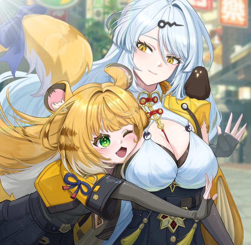 2girls, animal_ear_fluff, animal_ears, bird, black_bird, black_gloves, blonde_hair, blush