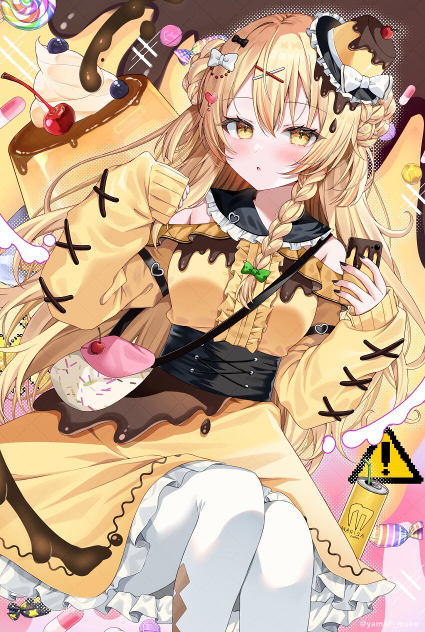 !, 1girl, :o, absurdres, black_bow, black_collar, black_nails, black_sailor_collar, blackberry_(fruit), blonde_hair, blush, bow, braid, candy, center_frills, cherry, collar, commentary_request, contrast_collar, cowboy_shot, cream, dress, eyelashes, food, food-themed_background, food-themed_clothes, food-themed_hair_ornament, food-themed_hat, frilled_collar, frills, fruit, green_bow, hair_bow, hair_ornament, hands_up, hat, heart, heart_hair_ornament, highres, holding, holding_phone, kirisame_marisa, knees, long_hair, looking_at_viewer, mini_hat, monster_energy, off-shoulder_dress, off_shoulder, pantyhose, parted_lips, phone, pill, polka_dot_outline, pudding, red_bow, sailor_collar, side_braid, sign, sleeves_past_wrists, solo, touhou, underbust, warning_sign, white_pantyhose, x_hair_ornament, yam_(yamap_mako), yellow_dress, yellow_eyes