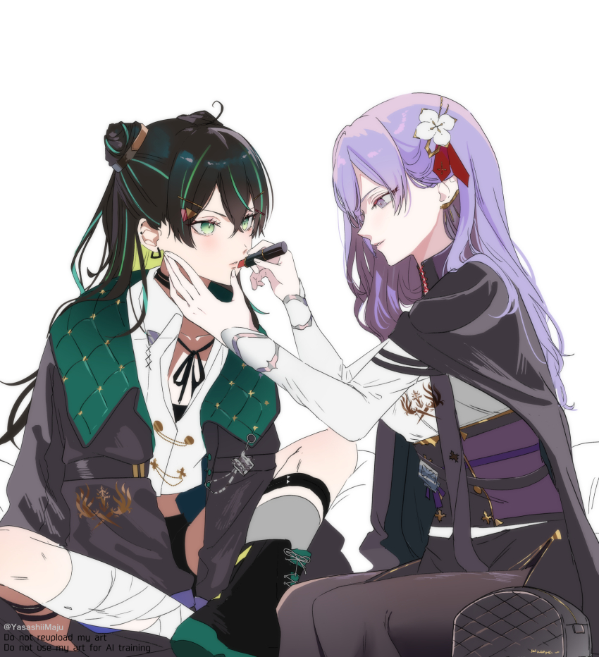 2girls, ankle_boots, applying_another's_makeup, applying_lipstick, applying_makeup, bag, bandaged_leg, bandages