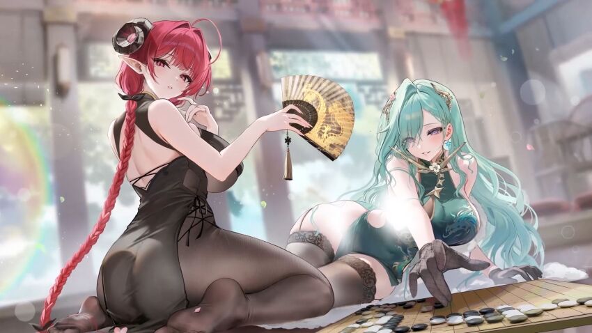 2girls, azur_lane, bare_shoulders, black_dress, black_gloves, black_pantyhose, black_thighhighs, board_game