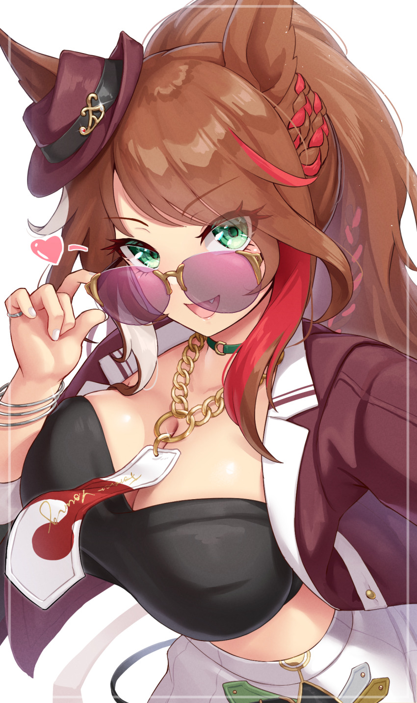 1girl, animal_ears, bandeau, black_bandeau, black_jacket, black_tube_top, blush, breasts, brown_hair, cleavage, commentary_request, crop_top, ears_through_headwear, fang, fingernails, forever_young_(umamusume), gyaru, hat, highres, horse_ears, horse_girl, jacket, large_breasts, long_hair, looking_at_viewer, multicolored_hair, open_clothes, open_jacket, open_mouth, purple-tinted_eyewear, red_hat, shinonome_(shinonome_rynn), simple_background, smile, solo, strapless, streaked_hair, sunglasses, tinted_eyewear, tube_top, umamusume, white_background, white_streaks