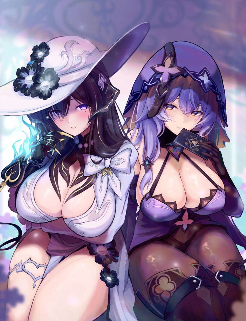 2girls, absurdres, black_hair, black_swan_(honkai:_star_rail), blush, breasts, calamy, cleavage