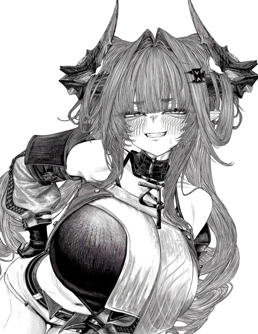 1girl, arknights, arknights:_endfield, bare_shoulders, blunt_bangs, blush, breasts, clenched_teeth