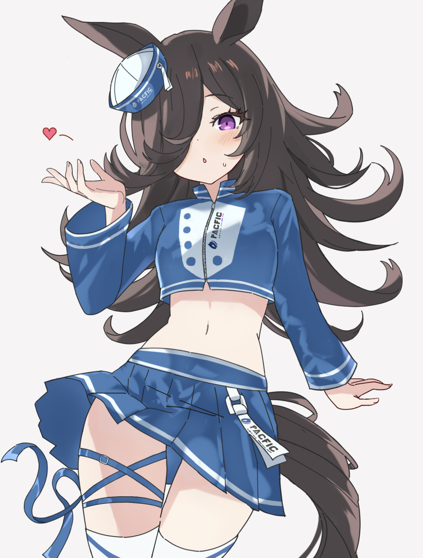 1girl, animal_ears, blue_jacket, blue_skirt, blush, breasts, brown_hair, commentary