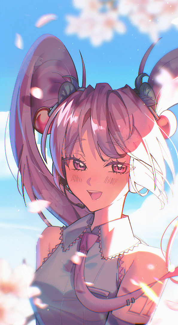 1girl, bare_shoulders, blush, cherry_hair_ornament, collared_shirt, commentary, detached_sleeves, food-themed_hair_ornament