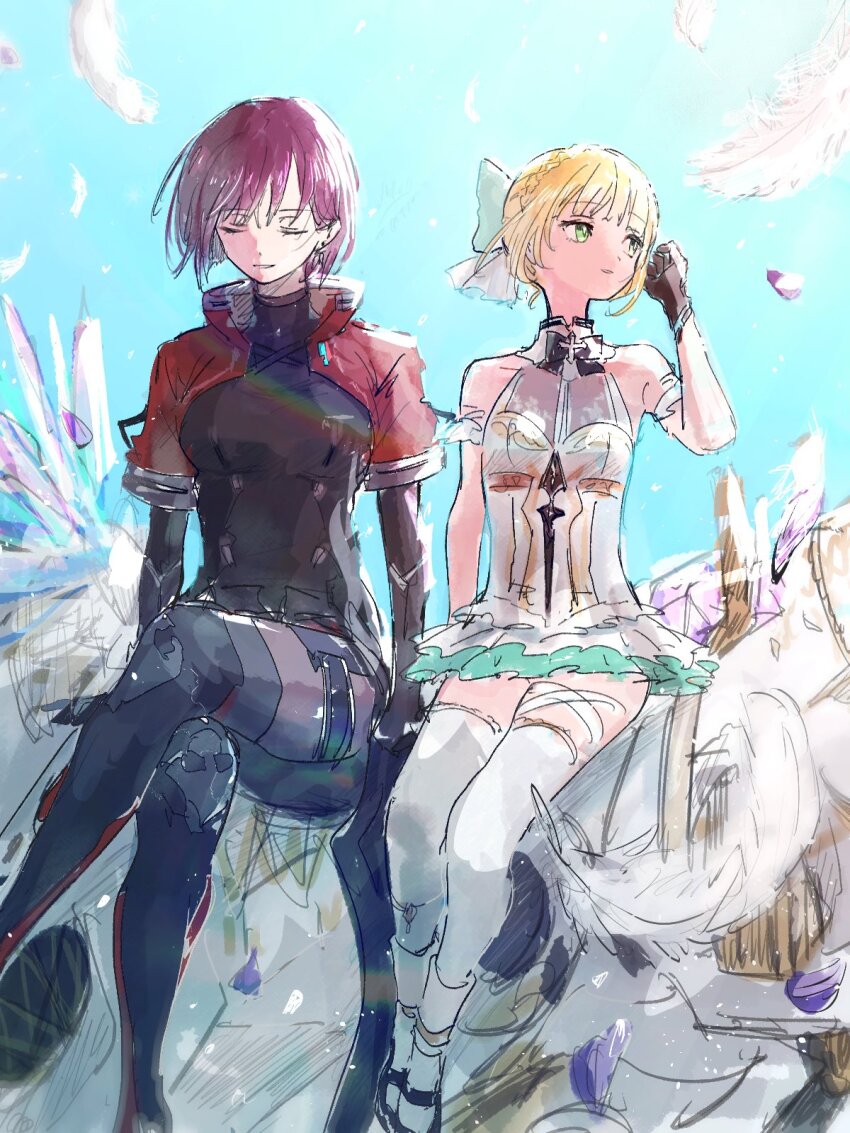 2girls, blonde_hair, braid, closed_eyes, commentary_request, gloves, green_eyes, heaven_burns_red