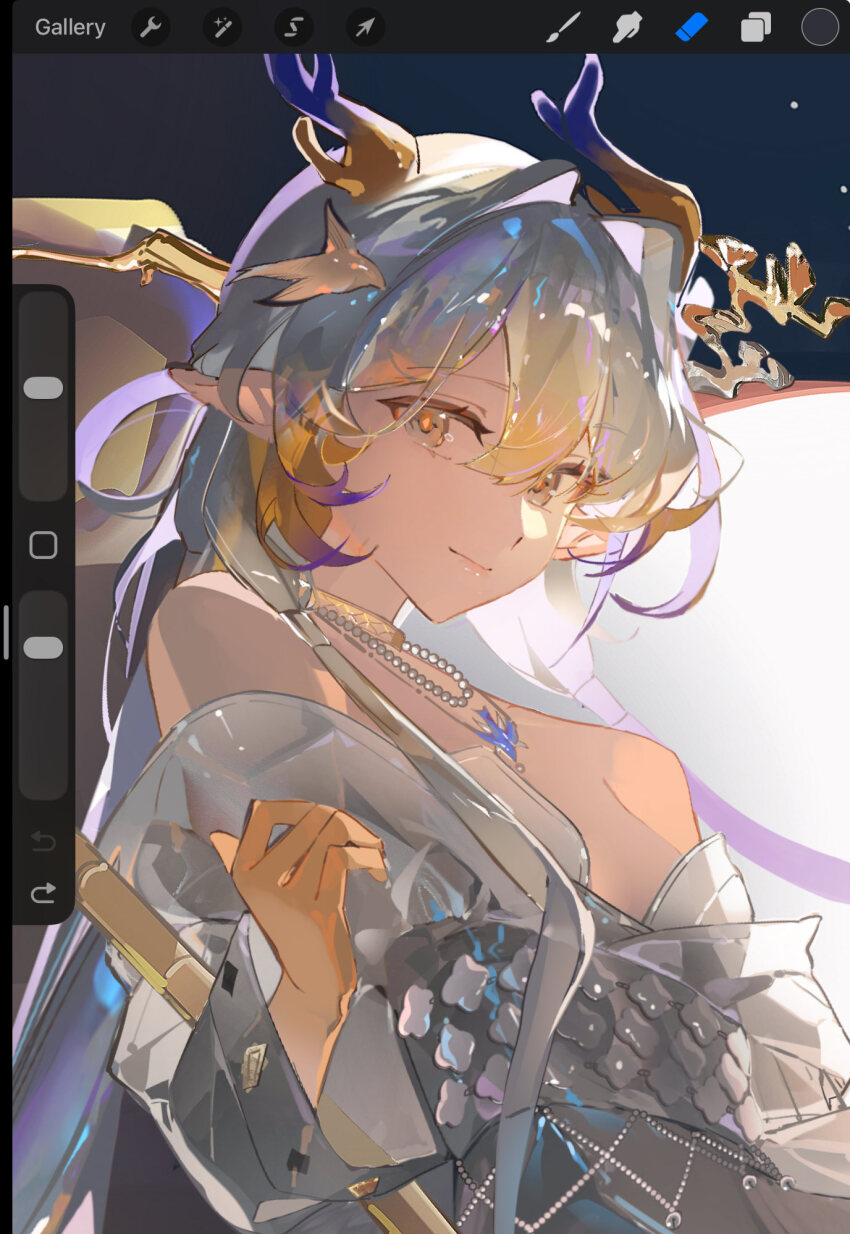 1girl, agaaru_chan, ambience_synesthesia, arknights, art_program_in_frame, bare_shoulders, bird_hair_ornament, blonde_hair