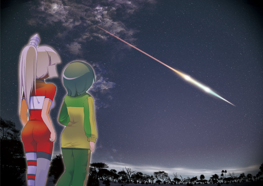 atmospheric_entry, aura, burning, dei_shirou, energy, glowing, green_hair, hayabusa_(spacecraft), highres, mecha_musume, mv_(spacecraft), original, personification, plasma, sagami_(dei_shirou), silver_hair