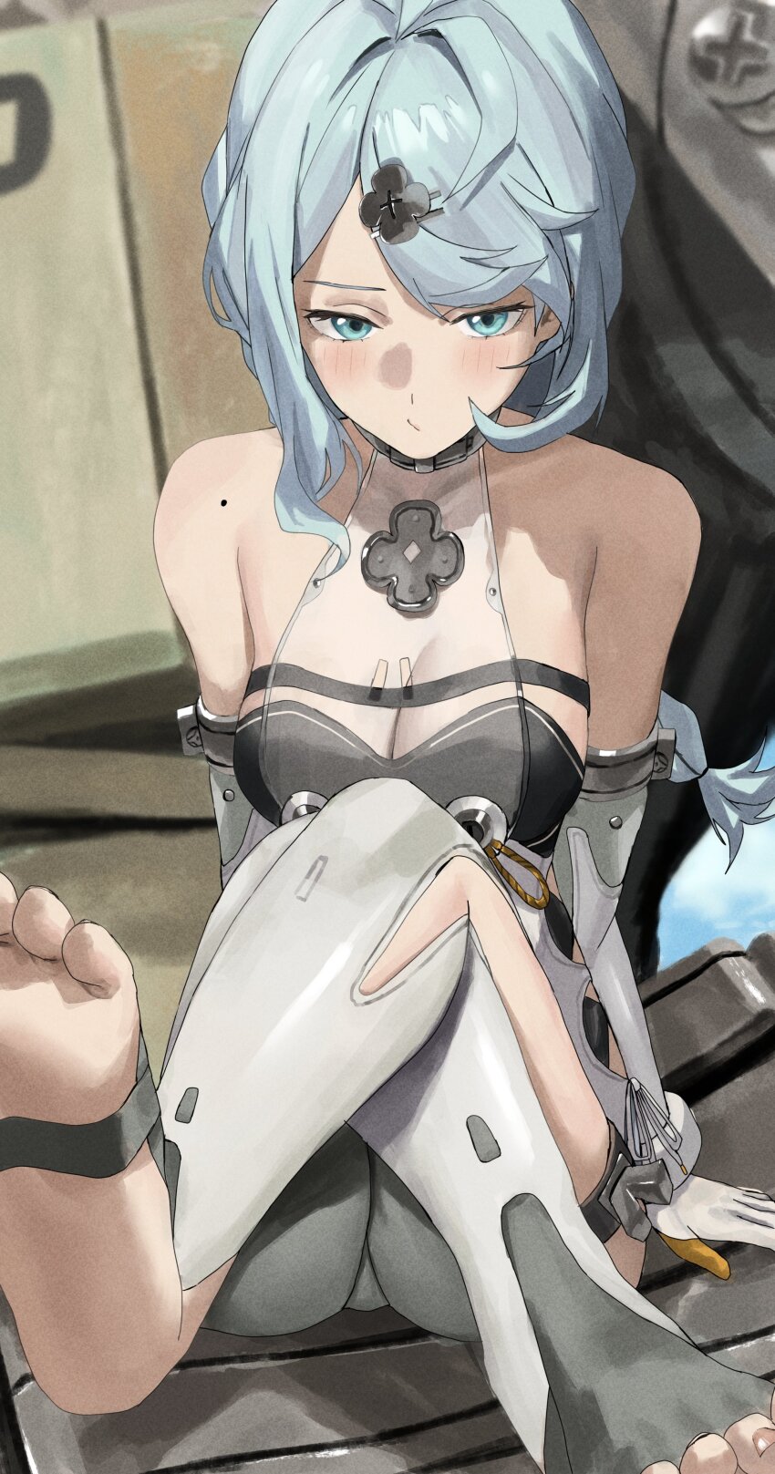 1girl, absurdres, bare_shoulders, blue_eyes, blue_hair, blush, braid, braided_ponytail