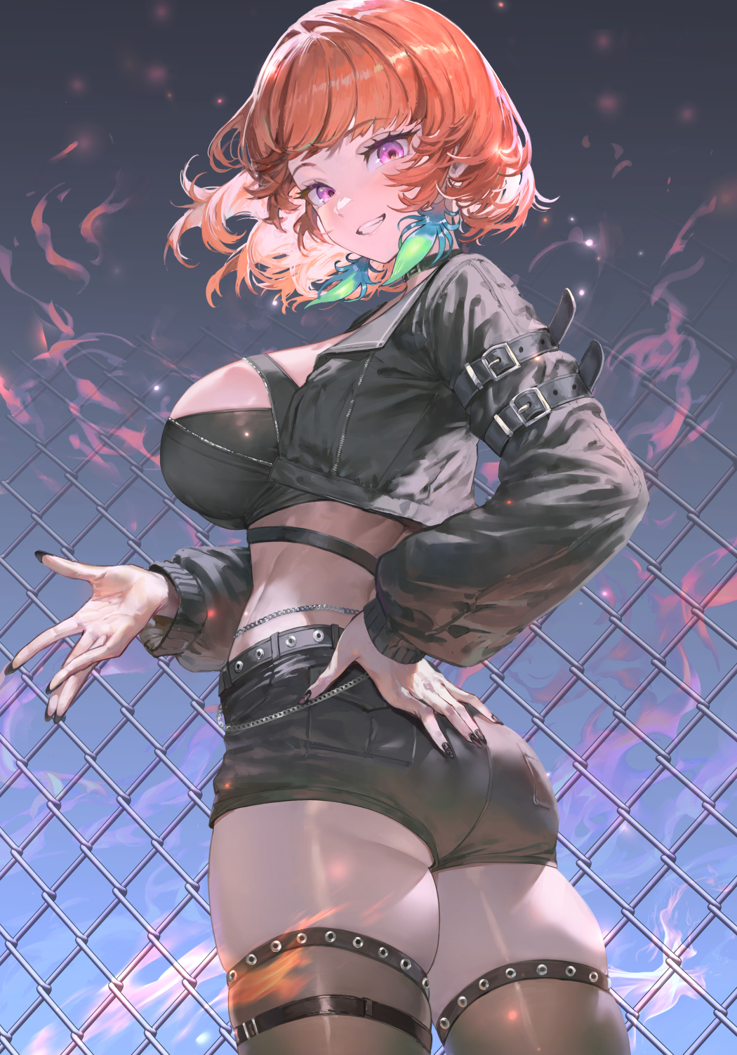 1girl, alternate_costume, ass, belt, black_nails, black_pantyhose, breasts, chain-link_fence
