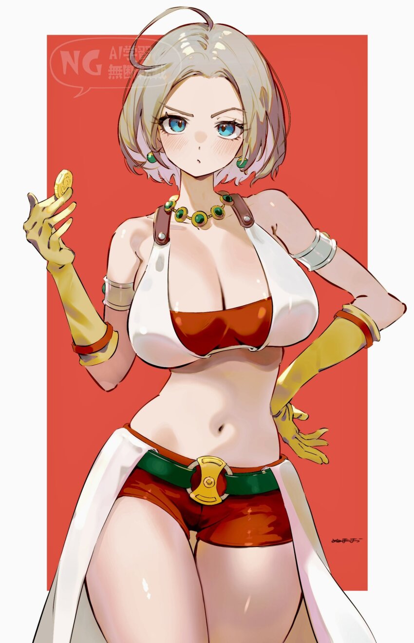 1girl, ahoge, armlet, breasts, cleavage, coin, commentary_request, cowboy_shot