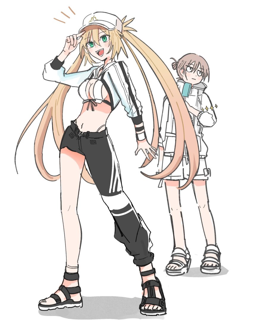 1boy, 1girl, absurdres, artoria_caster_(fate), artoria_caster_(swimsuit_berserker)_(first_ascension)_(fate), artoria_pendragon_(fate), asymmetrical_clothes, asymmetrical_pants, baggy_clothes, baseball_cap, bikini, black_sandals, blonde_hair, cropped_jacket, fate/grand_order, fate_(series), food, full_body, green_eyes, grey_hair, hair_bun, hat, highres, holding, holding_food, jacket, long_hair, oberon_(fate), oberon_(refreshing_summer_prince)_(fate), open_mouth, popsicle, sandals, shorts, shrug_(clothing), simple_background, single_bare_leg, single_pantsleg, siokuran, smile, sports_sandals, swimsuit, twintails, white_background, white_bikini, white_hat, white_jacket, white_sandals, white_shorts, white_shrug