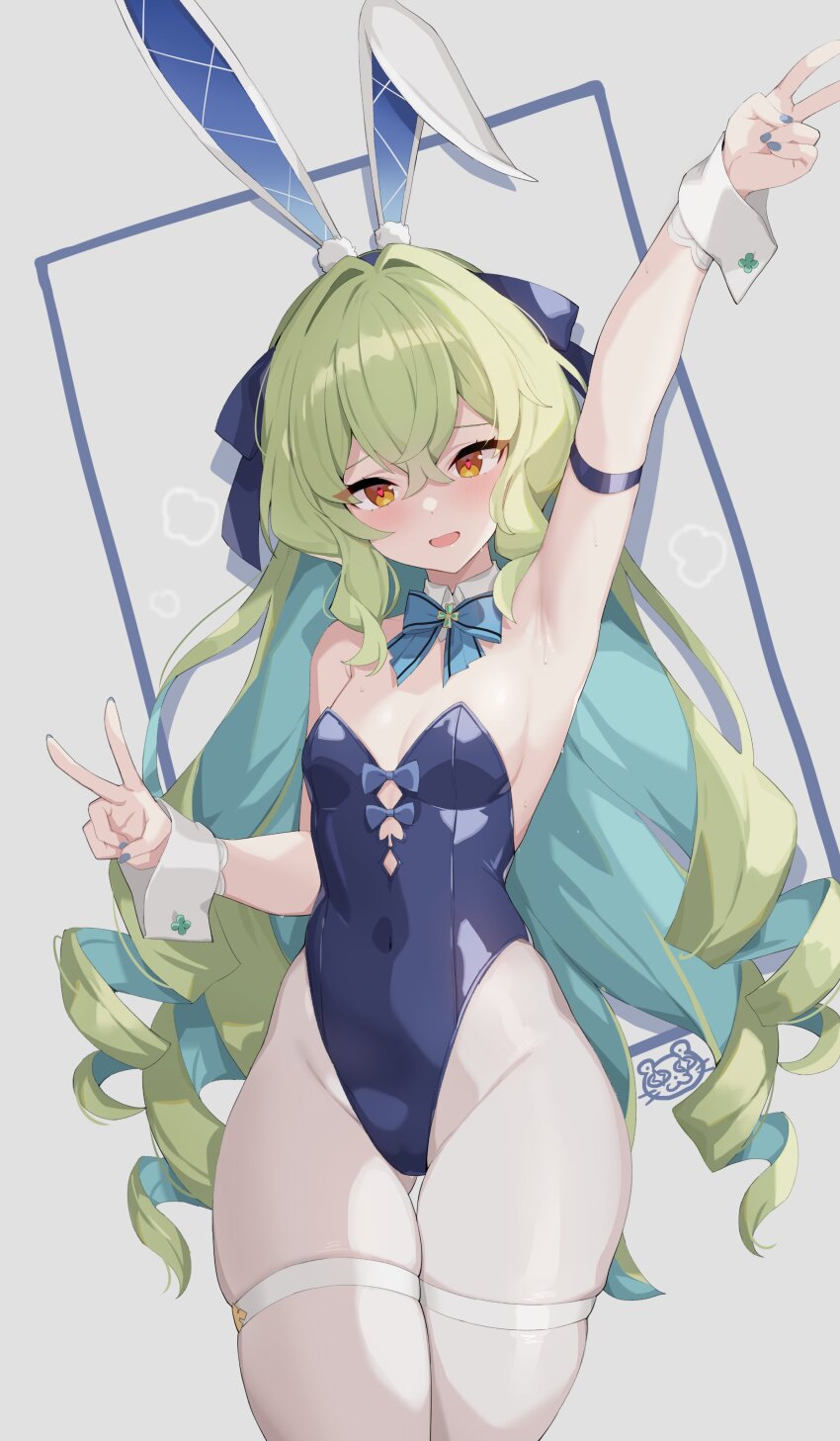 1girl, absurdres, animal_ears, aqua_hair, arm_strap, arm_up, armpit_crease, armpits