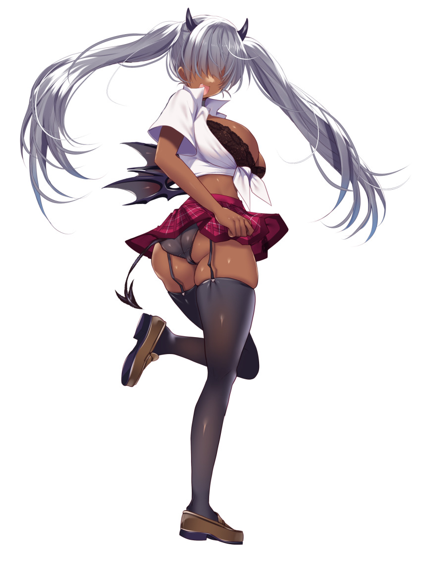 1girl, :d, ass, bat_wings, black_bra, black_horns, black_panties, black_thighhighs, bra, breasts, brown_shoes, chain_paradox, charlotte_evangeline_(chain_paradox), cleavage, dark-skinned_female, dark_skin, demon_girl, demon_horns, demon_tail, demon_wings, front-tie_top, garter_straps, hair_over_eyes, highres, horns, large_breasts, loafers, long_hair, looking_at_viewer, midriff, open_mouth, panties, plaid_clothes, plaid_skirt, school_uniform, shirt, shoes, short_sleeves, skirt, smile, solo, standing, standing_on_one_leg, tail, tajima_yoshikazu, thighhighs, tied_shirt, transparent_background, twintails, underwear, white_shirt, wings