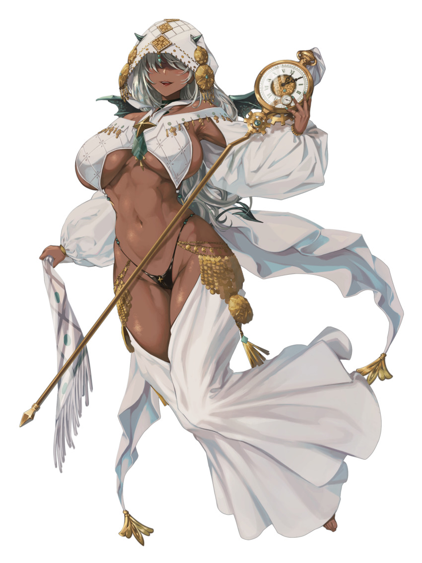 1girl, barefoot, black_panties, blue_nails, breasts, chain_paradox, charlotte_evangeline_(chain_paradox), clock, dark-skinned_female, dark_skin, full_body, hair_over_eyes, highres, hood, horns, large_breasts, long_hair, long_sleeves, navel, panties, puffy_long_sleeves, puffy_sleeves, smile, solo, staff, underwear, uohei_(tw)