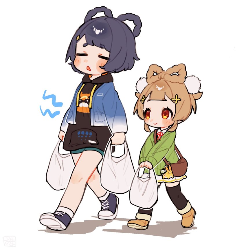 2girls, =_=, aqua_shorts, bag, bag_charm, black_hair, black_hoodie, black_thighhighs, blue_jacket, blue_shoes, blunt_bangs, blush, blush_stickers, boots, bow-shaped_hair, braid, braided_hair_rings, brown_bag, brown_boots, brown_eyes, brown_hair, cardigan, character_charm, character_print, charm_(object), closed_eyes, closed_mouth, collared_shirt, commentary_request, double-parted_bangs, drawstring, fur-trimmed_boots, fur_trim, genshin_impact, green_cardigan, guoba_(genshin_impact), hair_ornament, hair_rings, hairclip, highres, holding, holding_bag, hood, hood_down, hoodie, hungry, jacket, jacket_over_hoodie, long_sleeves, medium_hair, miniskirt, multiple_girls, neck_ribbon, oooma_155, open_clothes, open_jacket, plastic_bag, pleated_skirt, pom_pom_(clothes), pom_pom_hair_ornament, print_hoodie, red_ribbon, ribbon, shirt, shoes, short_eyebrows, short_shorts, shorts, shoulder_bag, sidelocks, simple_background, skirt, smile, sneakers, standing, thick_eyebrows, thighhighs, walking, white_background, white_shirt, white_skirt, wing_collar, xiangling_(genshin_impact), xiangling_(huanglong)_(genshin_impact), yaoyao_(genshin_impact), yuegui_(genshin_impact)